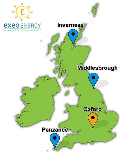 Map of the UK showing four potential solar panel sites